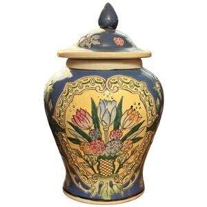 Vintage Hand Painted Chinese Porcelain Ginger Jar Cobalt Blue Floral Urn